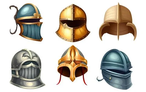 Set vector illustration of Knight's helmet multi colored with stone gem isolate Stock Illustration