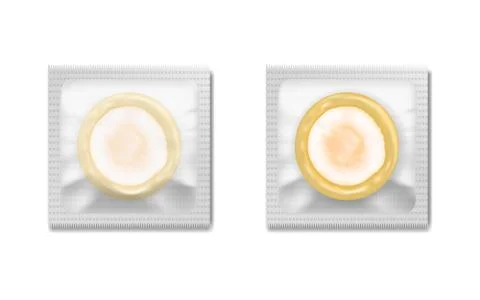 Set of vector illustration of latex condom in packing and without it isolated on Stock-Illustration