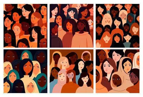 Set vector illustration of multi-ethnic women together international mental Illustrazione stock