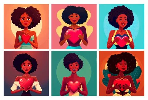 Set vector illustration of multi ethnic women holding red heart shape Stock Illustration