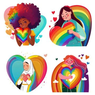 Set vector illustration of multicultural women pride lgbt isolate on white Stock Illustration