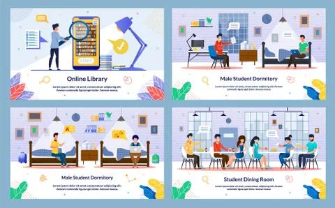 Set Vector Illustration, Online Library, Slide. Male Student Dormitory, Stude Stock Illustration
