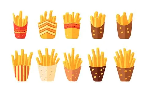 Set vector illustration of potato sticks french fries in paper cones, ketchup Stock Illustration