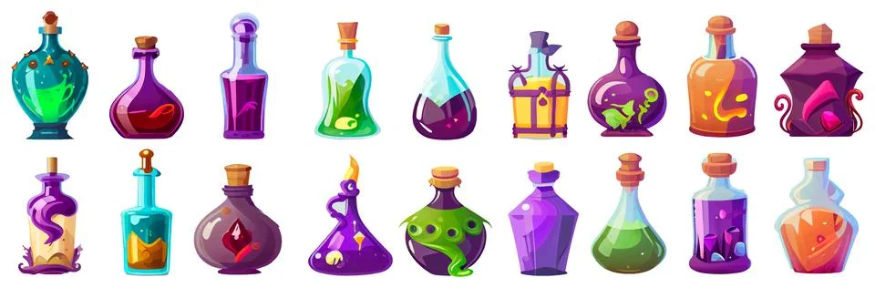 Set vector illustration of potion or poison magic vessel with magic liquid Stock Illustration