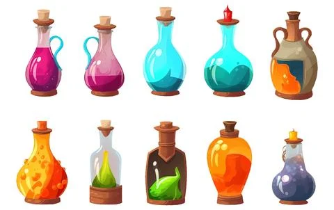 Set vector illustration of potion or poison magic vessel with magic liquid Illustrazione stock