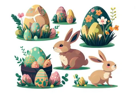 Set vector illustration of rabbit and easter eggs on white isotate background 스톡 일러스트