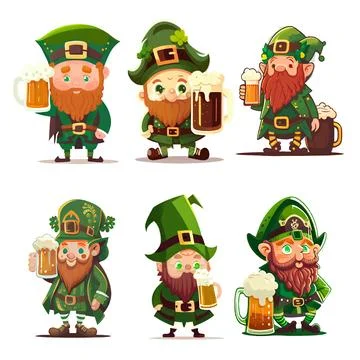 Set vector illustration of red bearded man in green hat patrick day Stock Illustration