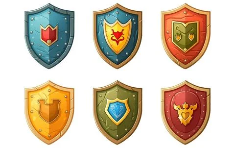 Set vector illustration of shield multi colored with stone gem isolate Stock Illustration