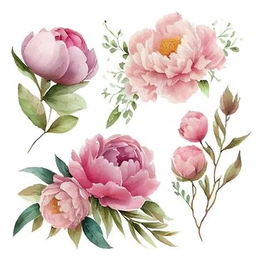 Set vector illustration of spring flowers peonies on a white background isolate Stock Illustration