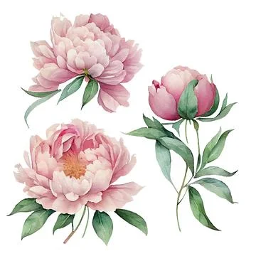 Set vector illustration of spring flowers peonies on a white background isolate Stock Illustration