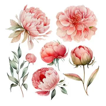 Set vector illustration of spring flowers peonies on a white background isolate Stock Illustration