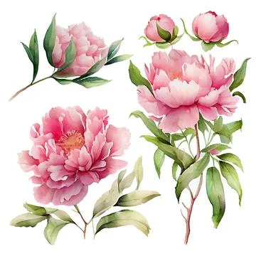Set vector illustration of spring flowers peonies on a white background isolate Stock Illustration