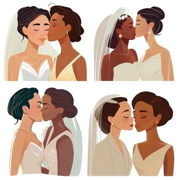 Set vector illustration of two bride in white dress kissing each other Stock Illustration