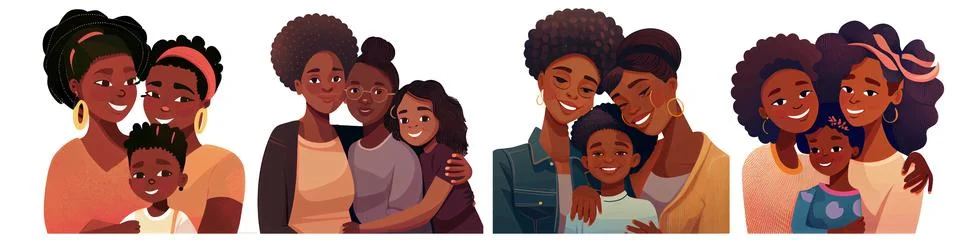 Set vector illustration of two female parents with their daughter Stock Illustration