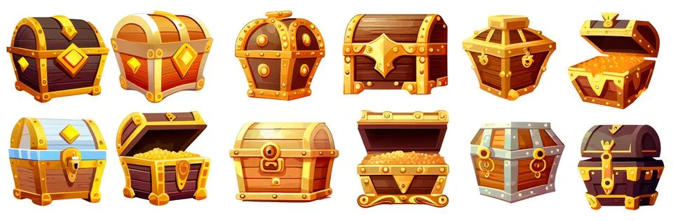 Set vector illustration of ui treasure chest with gold precious stone isolated Stock Illustration