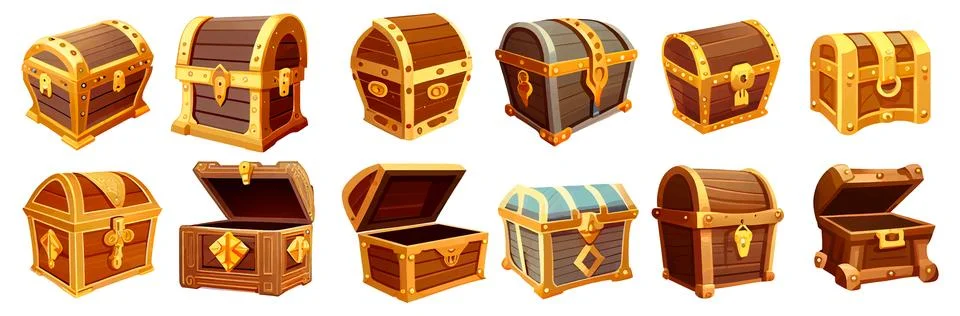 Set vector illustration of ui treasure chest with gold precious stone isolated Stock Illustration