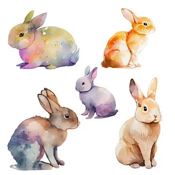 Set vector illustration of watercolor rabbit on white isotate background Stock Illustration