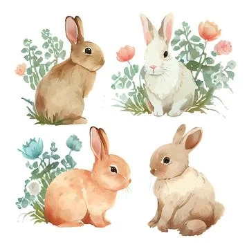 Set vector illustration of watercolor rabbit on white isotate background Stock Illustration