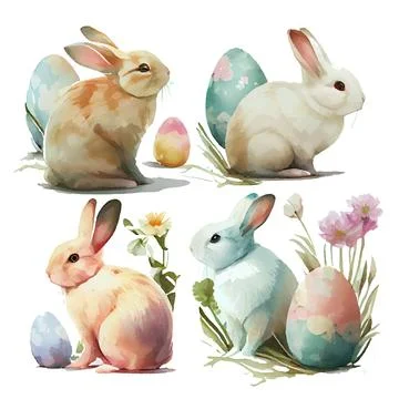 Set vector illustration of watercolor rabbit on white isotate background Stock Illustration