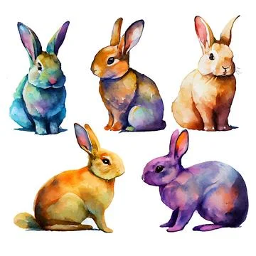 Set vector illustration of watercolor rabbit on white isotate background Stock Illustration