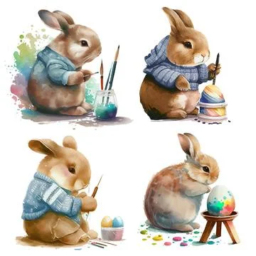 Set vector illustration of watercolor rabbit on white isotate background Stock Illustration