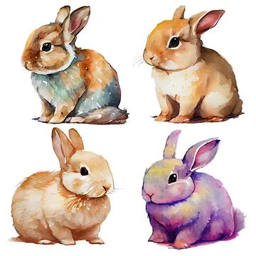 Set vector illustration of watercolor rabbit on white isotate background Stock Illustration