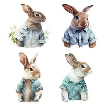 Set vector illustration of watercolor rabbit on white isotate background Stock Illustration