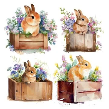 Set vector illustration of watercolor rabbit on white isotate background Stock Illustration