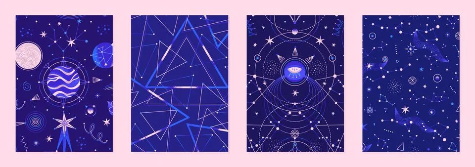 Set of vector illustrations of abstract celestial bodies. Constellations, sta Stock Illustration