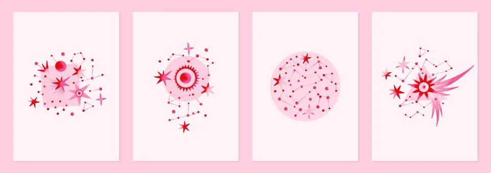 Set of vector illustrations of abstract celestial bodies isolated on white .. Stock Illustration