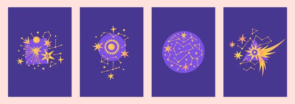 Set of vector illustrations of abstract celestial bodies. Constellations, s.. Stock Illustration