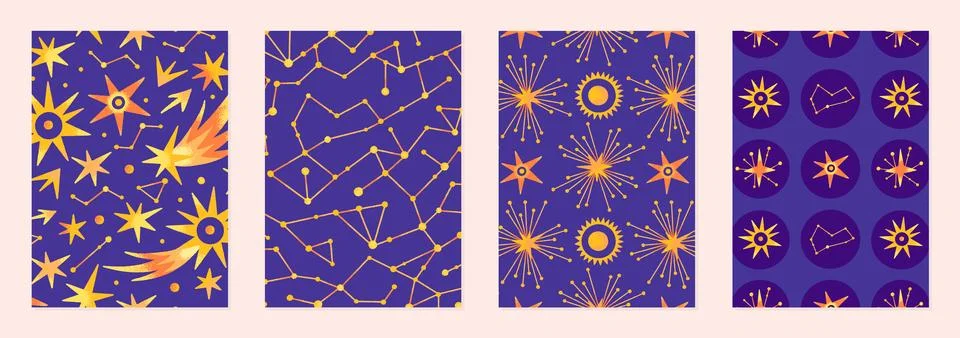 Set of vector illustrations of abstract celestial bodies. Patterns of constel Stock Illustration