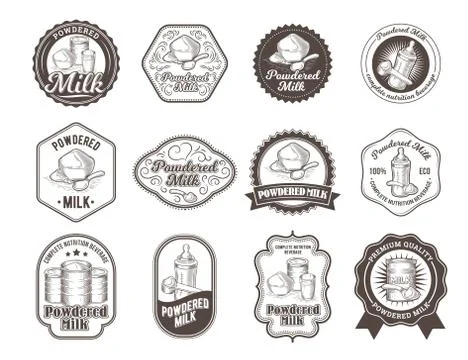 Set of vector illustrations of badges of dry milk. Stock-Illustration