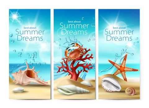 Set of vector illustrations, banners of a summer sandy beach with seashells Stock Illustration