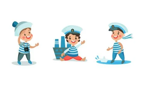 Set Of Vector Illustrations With Boys Playing In Sailors In Sail Suits Stock Illustration