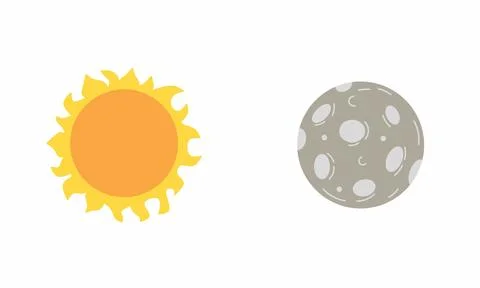 Set of Vector Illustrations of Bright Yellow Sun and Gray Full Moon with Crater, Stock Illustration