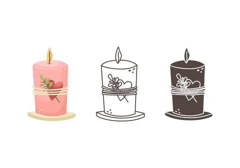Set of vector illustrations of a candle decorated with a heart and a branch o Ilustração Stock