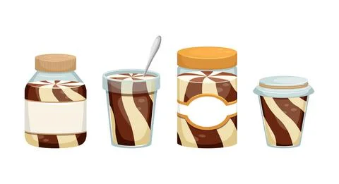 Set of vector illustrations with cans of chocolate paste. Dessert. Sweet snac Ilustração Stock