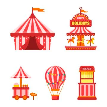 Set of vector illustrations of carnival circus icons with tent, carousels, fl Stock Illustration