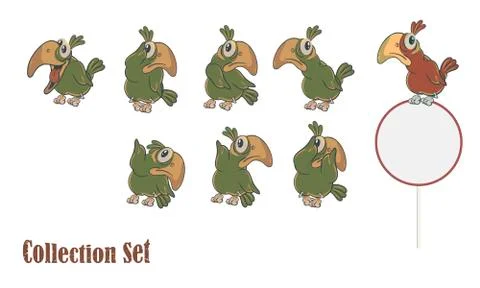 Set of vector illustrations of a cartoon parrot in different poses. 스톡 일러스트