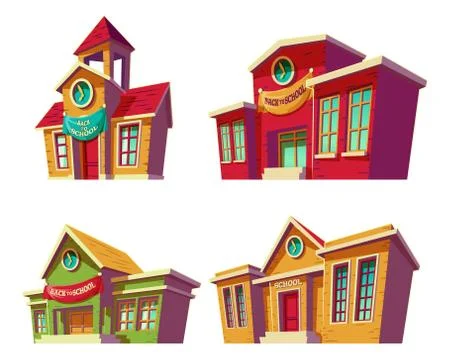 Set of vector illustrations cartoon of various color educational institutions Stock-Illustration