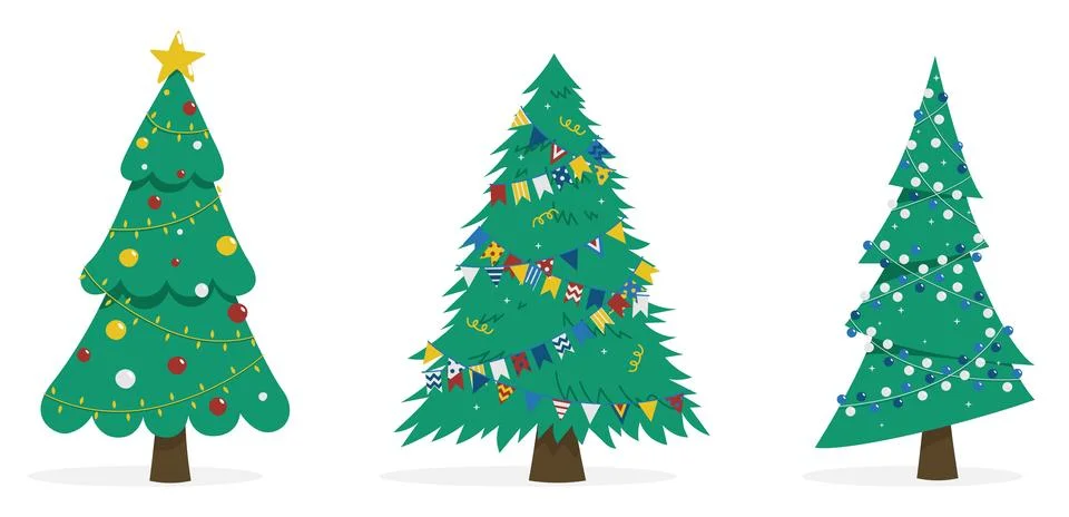 Set of vector illustrations of Christmas trees. Three images of fir trees in  Stock Illustration