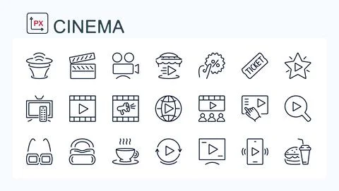 A set of vector illustrations, cinema icons, movie. Stock Illustration