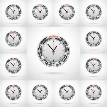 Set vector  illustrations of clock , red arrow specifies in a word business Stock Illustration