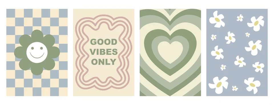 Set of vector illustrations. A collection of Y2k fashion posters. Abstract fun Stock Illustration