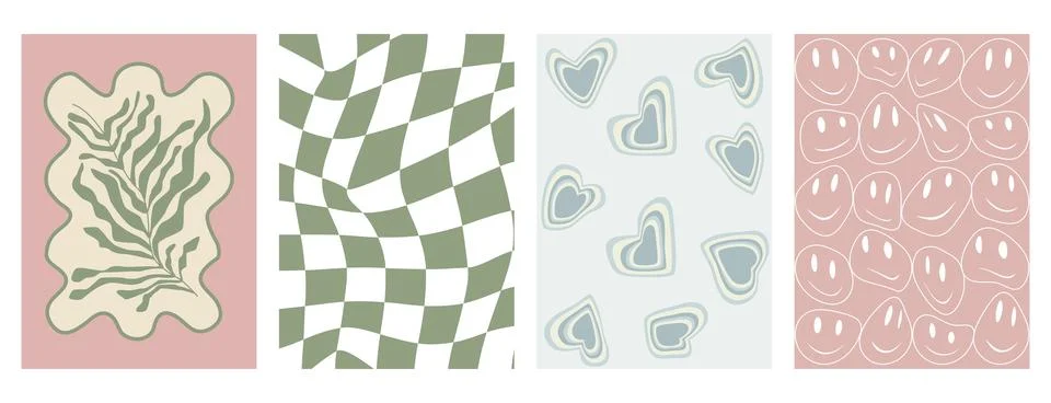 Set of vector illustrations. A collection of Y2k fashion posters. Abstract fun Stock Illustration