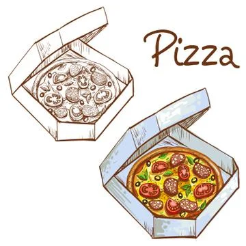 Set of vector illustrations of color and black and white whole pizza in a take Stock-Illustration