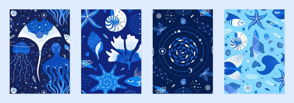 Set of vector illustrations of cosmic underwater creatures. Marine life decor Stock Illustration