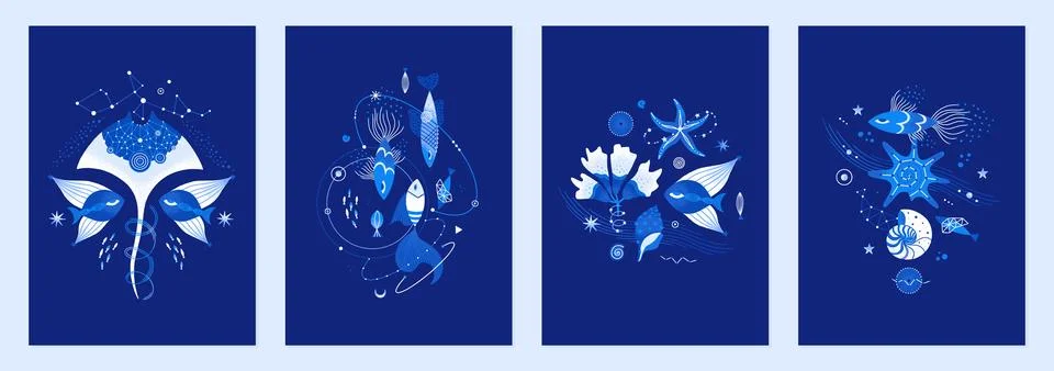Set of vector illustrations of cosmic underwater creatures. Marine life dec.. Stock Illustration