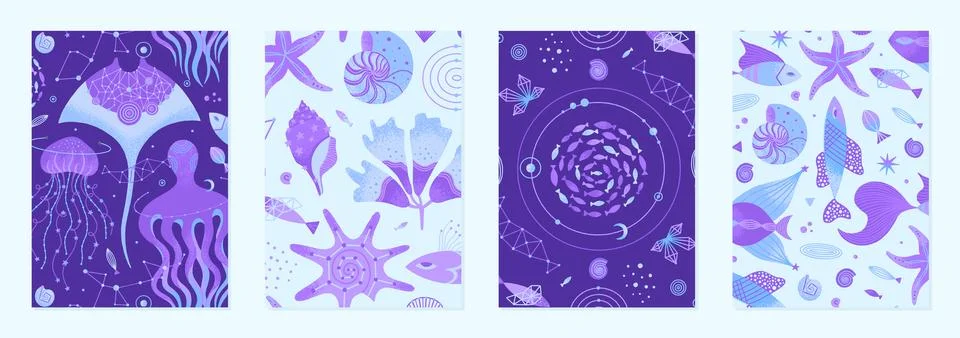 Set of vector illustrations of cosmic underwater creatures. Marine life decor Stock Illustration
